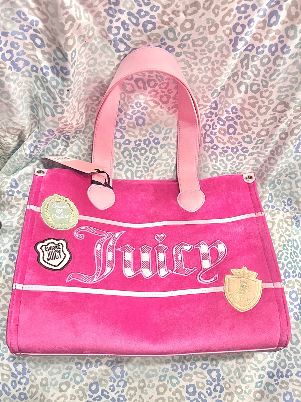 New Pink Juicy Couture Tote Bag Purse Patch Work Handbag Velour + Mini Bag Charm